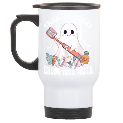 Trick Or Treat Brush Your Teeth Dentist Pun Halloween Dental Gift Stainless Steel Travel Mug