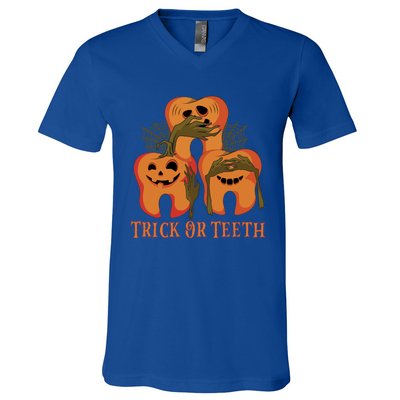 Trick Or Teeth Funny Dentist Halloween Dental Squad Funny Gift V-Neck T-Shirt