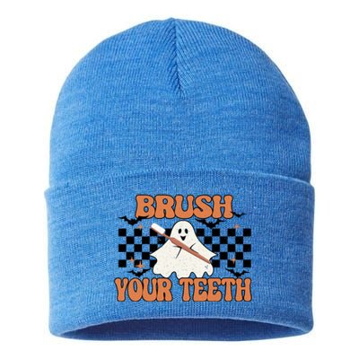 Trick Or Treat Brush Your Teeth Dental Squad Retro Halloween Cool Gift Sustainable Knit Beanie