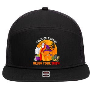 Trick Or Teeth Brush Your Teeth Halloween Tooth As Zombie Gift 7 Panel Mesh Trucker Snapback Hat