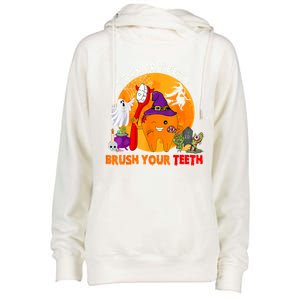 Trick Or Teeth Brush Your Teeth Halloween Tooth As Zombie Gift Womens Funnel Neck Pullover Hood