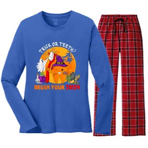 Trick Or Teeth Brush Your Teeth Halloween Tooth As Zombie Gift Women's Long Sleeve Flannel Pajama Set 