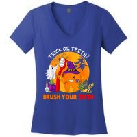 Trick Or Teeth Brush Your Teeth Halloween Tooth As Zombie Gift Women's V-Neck T-Shirt