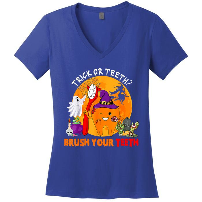 Trick Or Teeth Brush Your Teeth Halloween Tooth As Zombie Gift Women's V-Neck T-Shirt