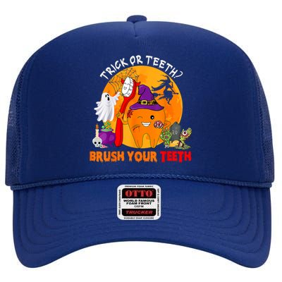 Trick Or Teeth Brush Your Teeth Halloween Tooth As Zombie Gift High Crown Mesh Back Trucker Hat