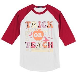 Trick Or Teach Funny Teacher Halloween Kids Colorblock Raglan Jersey