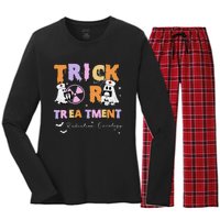 Trick Or Treatment Radiation Oncology Rad Therapy Halloween Women's Long Sleeve Flannel Pajama Set 