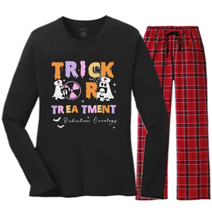 Trick Or Treatment Radiation Oncology Rad Therapy Halloween Women's Long Sleeve Flannel Pajama Set 