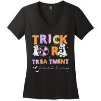 Trick Or Treatment Radiation Oncology Rad Therapy Halloween Women's V-Neck T-Shirt