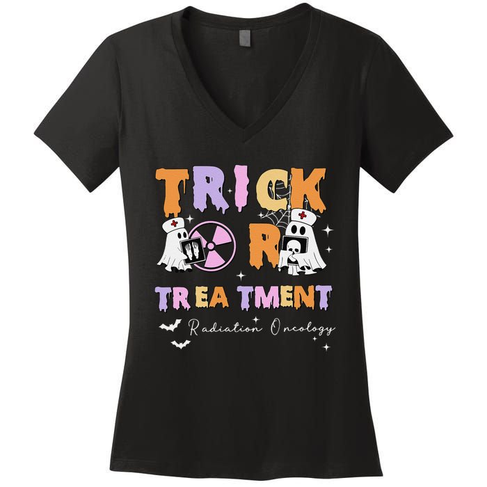 Trick Or Treatment Radiation Oncology Rad Therapy Halloween Women's V-Neck T-Shirt