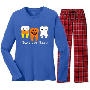 Trick Or Teeth Cute Dental Halloween Hygienist Dentist Rdh Gift Women's Long Sleeve Flannel Pajama Set 