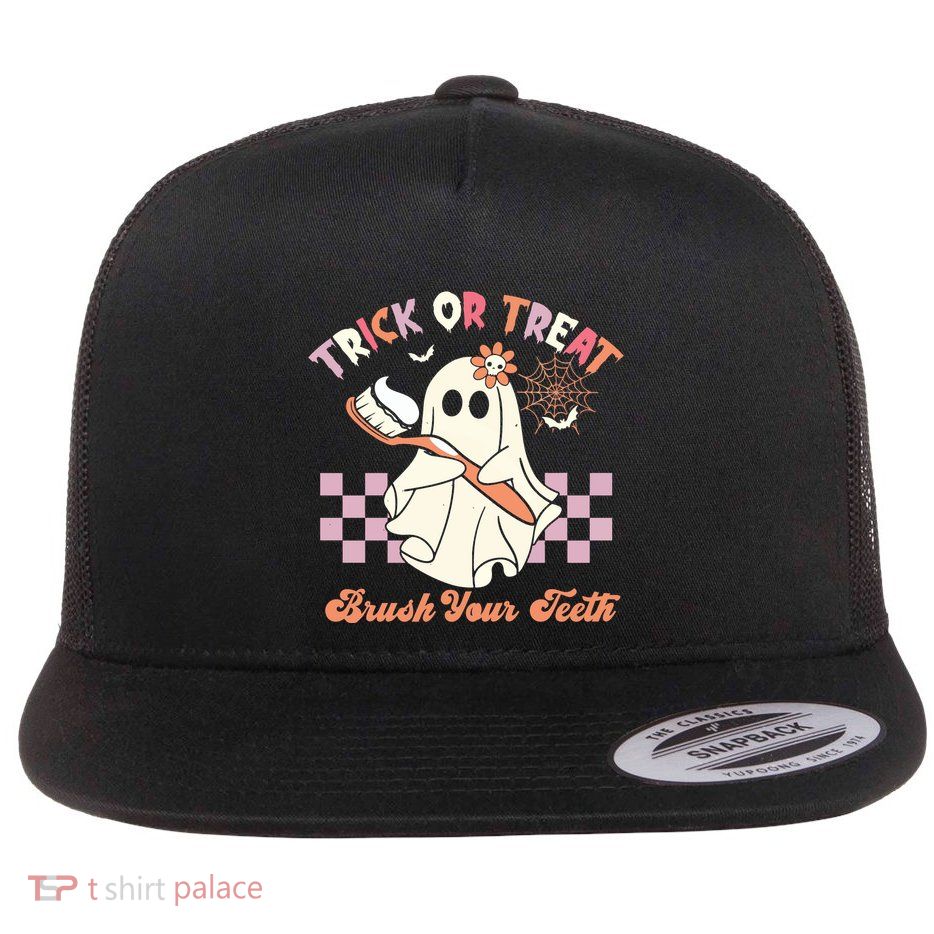 Trick Or Treat Brush Your Teeth Halloween Dentist Flat Bill Trucker Hat