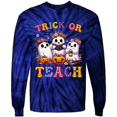 Trick Or Teach Halloween Ghost Pumpkin Spooky Teacher Women Tie-Dye Long Sleeve Shirt