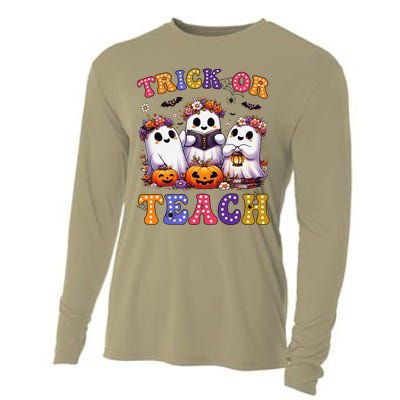 Trick Or Teach Halloween Ghost Pumpkin Spooky Teacher Women Cooling Performance Long Sleeve Crew