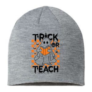 Trick or Teach Groovy Halloween Retro Ghost Book Teacher Sustainable Beanie