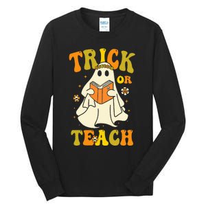 Trick or Teach Groovy Halloween Retro Floral Ghost Teacher Tall Long Sleeve T-Shirt