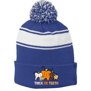 Trick Or Teeth Funny Dental Halloween Treat Dentist Meaningful Gift Stripe Pom Pom Beanie