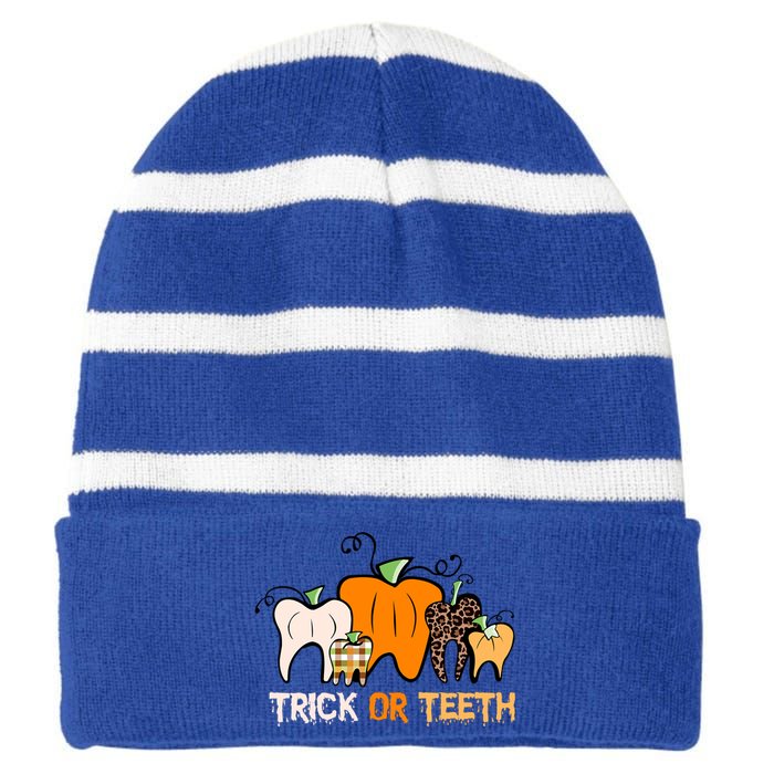 Trick Or Teeth Funny Dental Halloween Treat Dentist Meaningful Gift Striped Beanie with Solid Band