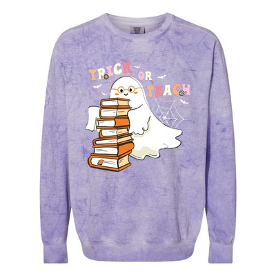 Trick Or Teach Floral Groovy Halloween Teacher Retro Ghost Colorblast Crewneck Sweatshirt