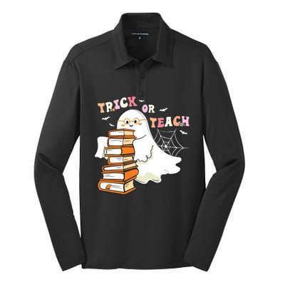 Trick Or Teach Floral Groovy Halloween Teacher Retro Ghost Silk Touch Performance Long Sleeve Polo