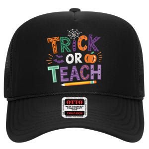 Trick Or Teach Halloween Retro Pumpkin Teacher High Crown Mesh Back Trucker Hat