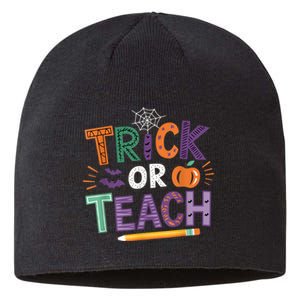 Trick Or Teach Halloween Retro Pumpkin Teacher Sustainable Beanie