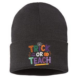 Trick Or Teach Halloween Retro Pumpkin Teacher Sustainable Knit Beanie