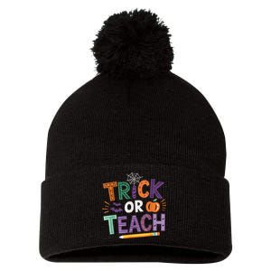 Trick Or Teach Halloween Retro Pumpkin Teacher Pom Pom 12in Knit Beanie