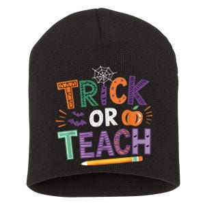 Trick Or Teach Halloween Retro Pumpkin Teacher Short Acrylic Beanie