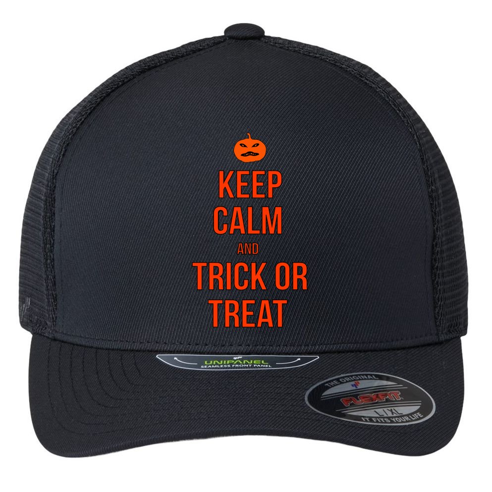 Keep Calm And Trick Or Treat Flexfit Unipanel Trucker Cap