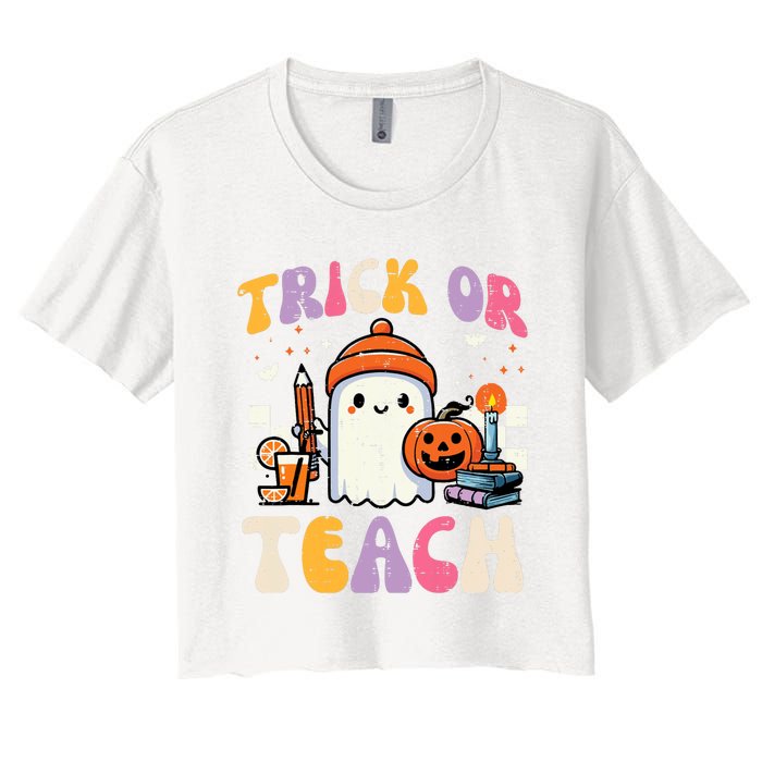 Trick Or Teach Ghost Teacher School Halloween Women's Crop Top Tee