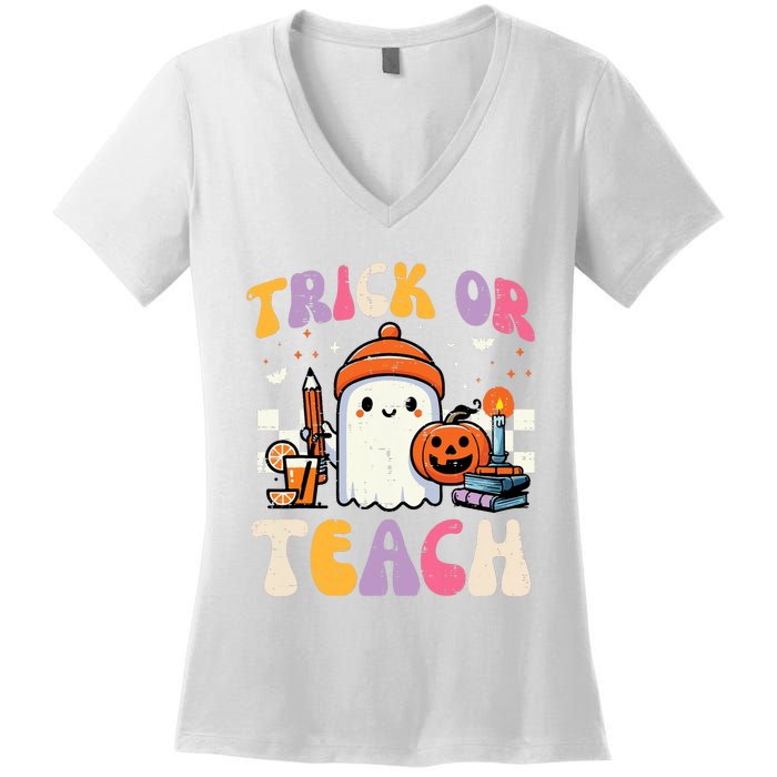 Trick Or Teach Ghost Teacher School Halloween Women's V-Neck T-Shirt