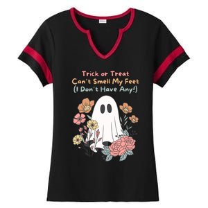 Trick Or Treat Smell My Feet Cute Ghost Halloween Floral Gift Ladies Halftime Notch Neck Tee