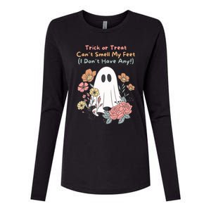 Trick Or Treat Smell My Feet Cute Ghost Halloween Floral Gift Womens Cotton Relaxed Long Sleeve T-Shirt