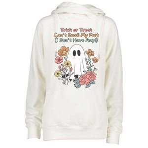 Trick Or Treat Smell My Feet Cute Ghost Halloween Floral Gift Womens Funnel Neck Pullover Hood