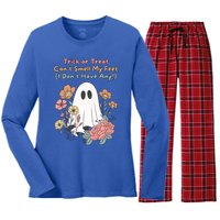 Trick Or Treat Smell My Feet Cute Ghost Halloween Floral Gift Women's Long Sleeve Flannel Pajama Set 