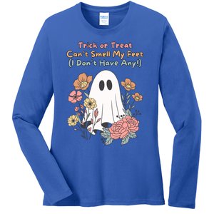 Trick Or Treat Smell My Feet Cute Ghost Halloween Floral Gift Ladies Long Sleeve Shirt