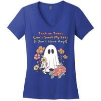 Trick Or Treat Smell My Feet Cute Ghost Halloween Floral Gift Women's V-Neck T-Shirt