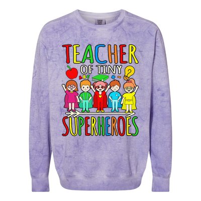 Teacher Of Tiny Superheroes First Day Back To School Graphic Colorblast Crewneck Sweatshirt