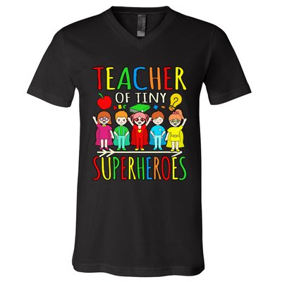 Teacher Of Tiny Superheroes First Day Back To School Graphic V-Neck T-Shirt