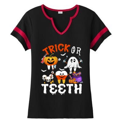 Trick Or Teeth Treating Candy Pumpkin Boo Tooth Dental Squad Cool Gift Ladies Halftime Notch Neck Tee