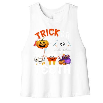 Trick Or Teeth Treating Candy Pumpkin Boo Tooth Dental Squad Cool Gift Women's Racerback Cropped Tank