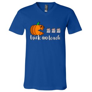 Trick Or Teach Funny Teacher Pumpkin Funny Halloween Funny Gift V-Neck T-Shirt