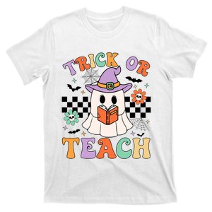 Trick Or Teach Groovy Teacher Halloween Retro Floral Ghost T-Shirt