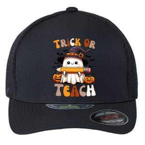 Trick Or Teach Groovy Teacher Halloween Retro Floral Ghost Gift Flexfit Unipanel Trucker Cap