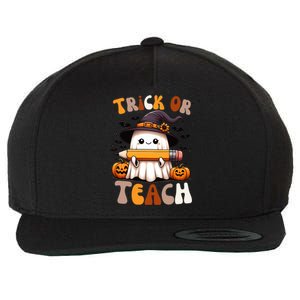 Trick Or Teach Groovy Teacher Halloween Retro Floral Ghost Gift Wool Snapback Cap