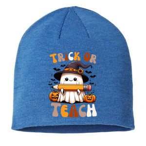 Trick Or Teach Groovy Teacher Halloween Retro Floral Ghost Gift Sustainable Beanie