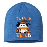 Trick Or Teach Groovy Teacher Halloween Retro Floral Ghost Gift Sustainable Beanie