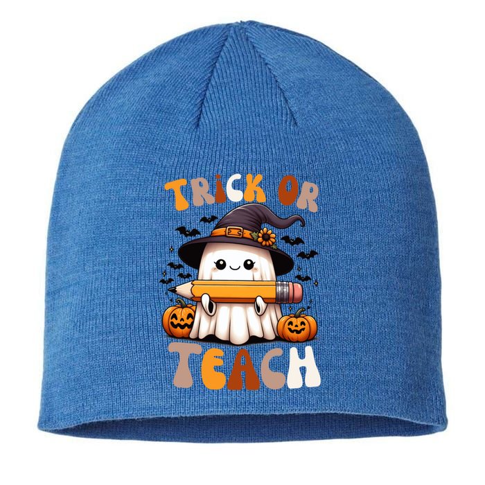 Trick Or Teach Groovy Teacher Halloween Retro Floral Ghost Gift Sustainable Beanie