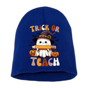 Trick Or Teach Groovy Teacher Halloween Retro Floral Ghost Gift Short Acrylic Beanie